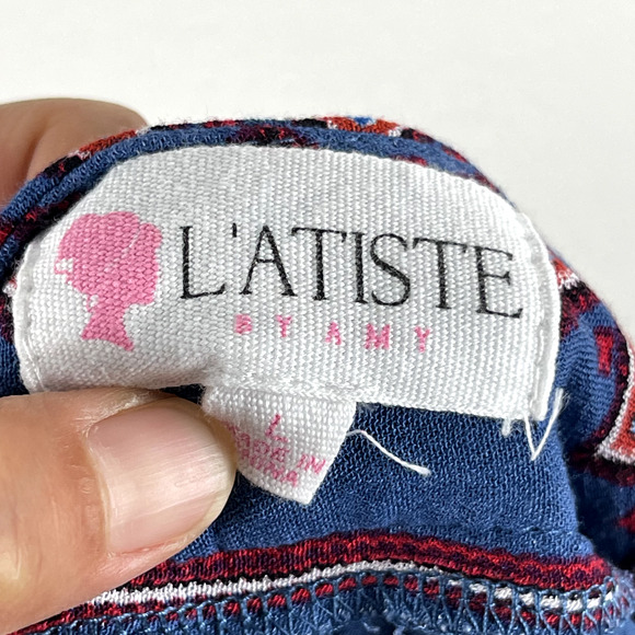 L'atiste Wide Leg Pants Womens Large Blue Size Zip Slit Waist Tie Boho Aztec - Picture 11 of 14